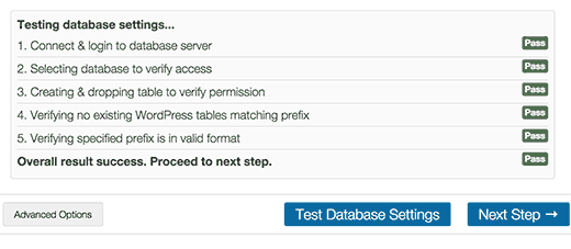 Configurações do banco de dados de teste 