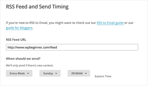 Digite seu URL de feed RSS e selecione o tempo e a frequência do e-mail 