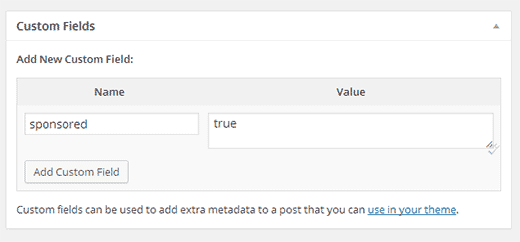 Adicionando o campo personalizado patrocinado na caixa meta dos campos personalizados 