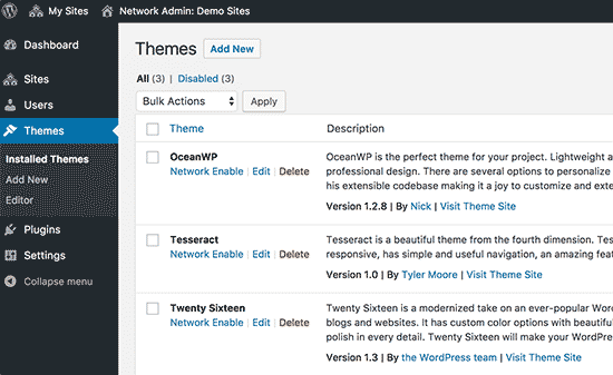 Temas instalados na sua rede multisite WordPress 