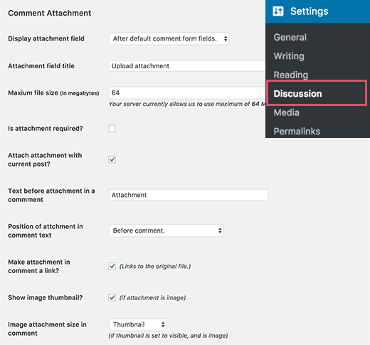 Página Configurações para anexos de comentários 