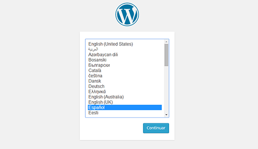 O WordPress permite que você selecione o idioma durante a instalação 