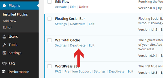 Desativando o plugin de cache total do W3 no WordPress 