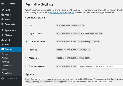 A página de configurações de permalinks no WordPress 