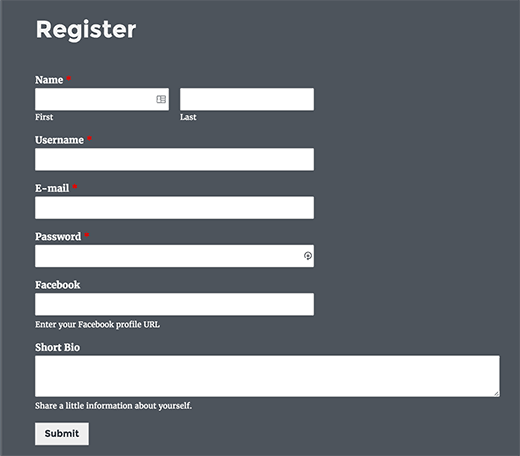 Visualizando formulário de registro de usuário personalizado 