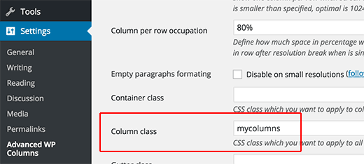 Adicionando a classe CSS para suas colunas 