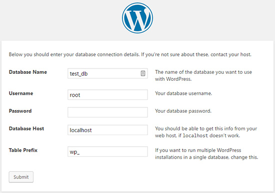 configurando o banco de dados do WordPress 