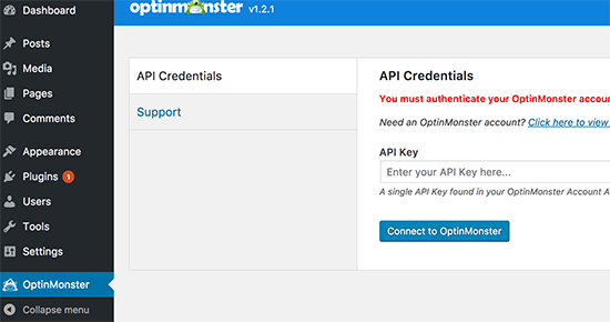 Adicione sua OptinMonster API Key 