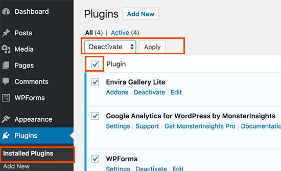 Desativar todos os plugins 