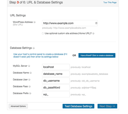 Seção de configurações de banco de dados e URL 