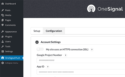 Configurações do plugin do OneSignal WordPress 