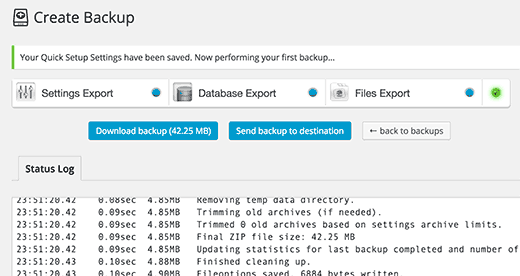 Processo de backup iniciado e concluído 