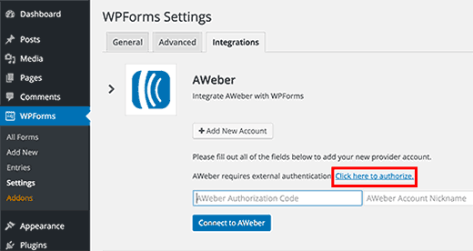 Integração AWEber nas configurações WPForms 