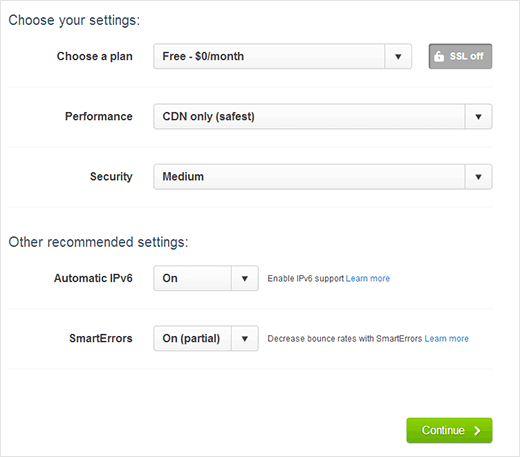 Escolha um plano para o seu serviço CloudFlare 