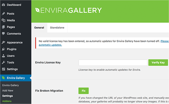 Adicionar chave de licença da Galeria Envira 