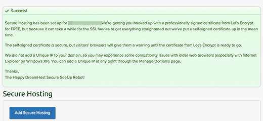 Mensagem de sucesso depois de adicionar SSL gratuito no DreamHost 