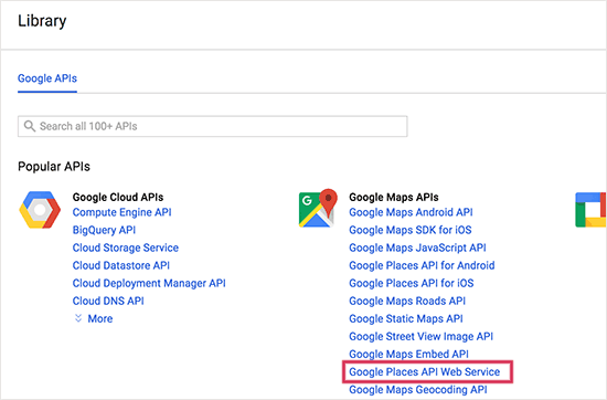 Selecione a API do Google Places 