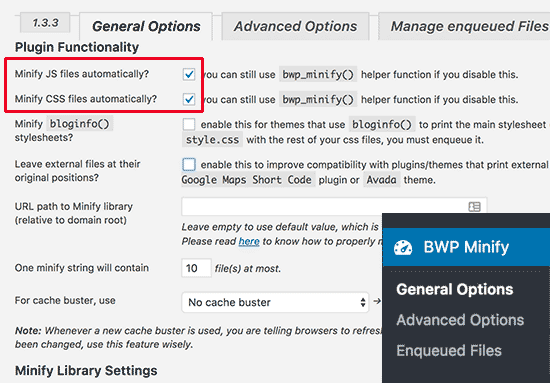 BWP Minify settings 