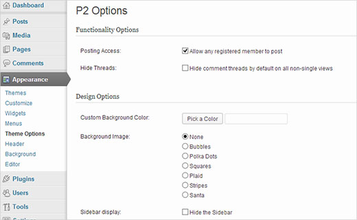 Configurando opções de tema do P2 