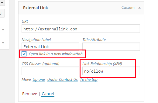 Adicionando nofollow a um link de saída nos menus de navegação 