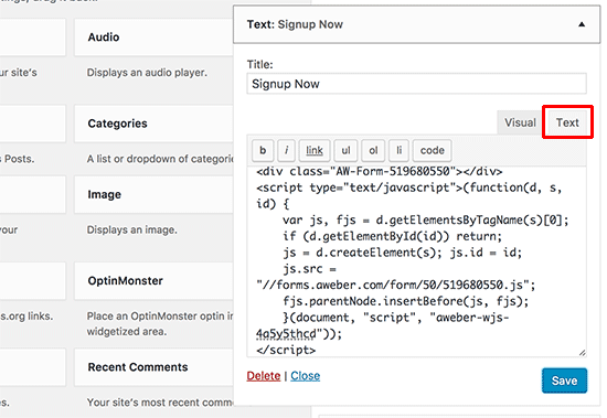 Colando o código de formulário da Web AWEber no widget de texto do WordPress 