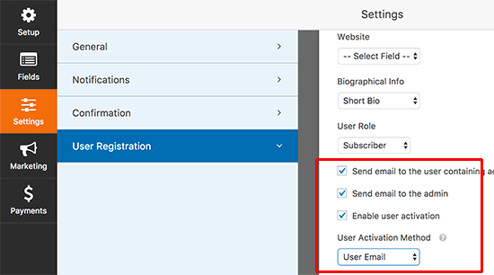 Configurações de registro de usuário 