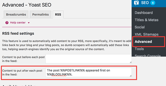 Adicione o conteúdo que deseja mostrar no rodapé do feed RSS 