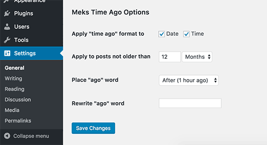 Meks Time Ago configurações do plugin 