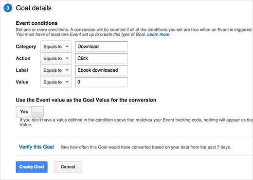 Iniciando condições de evento para objetivos personalizados no Google Analytics 