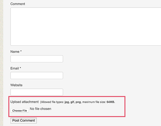 Formulário de comentário com campo de upload de anexos 