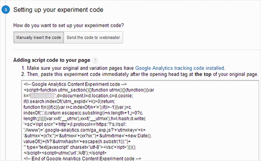 Copie o código do código de teste de conteúdo do teste A / B do Google Analytics 