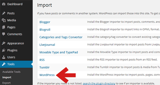 Clique no WordPress para instalar o importador WordPress 