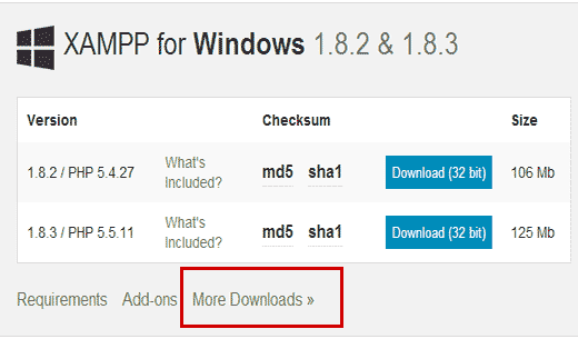 Página de download do XAMPP 