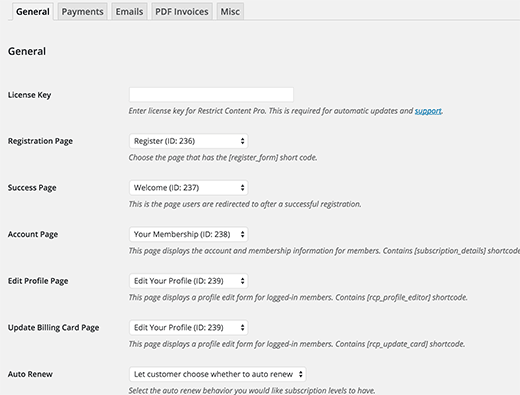 Restringir conteúdo Pro - Página de configurações gerais 