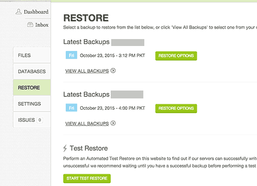 Restauração do site de backups no CodeGuard 