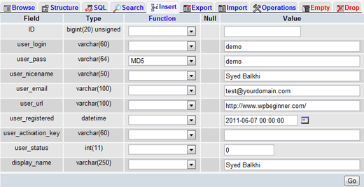 phpMyAdmin Inserir valores na tabela wp_users 