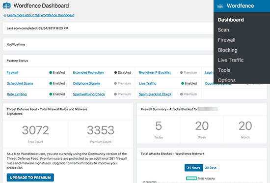 Painel de configurações do Wordfence 