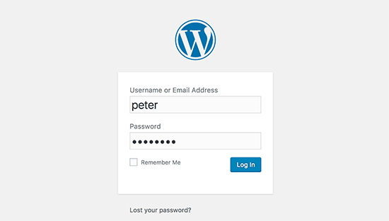 Tela de login do WordPress 