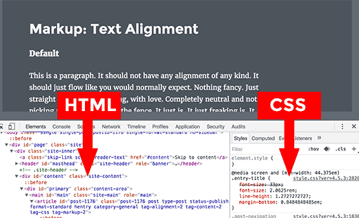 Painel HTML e CSS na janela Inspecionar 