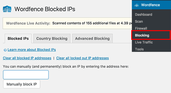 Bloqueie manualmente os IPs no Wordfence 