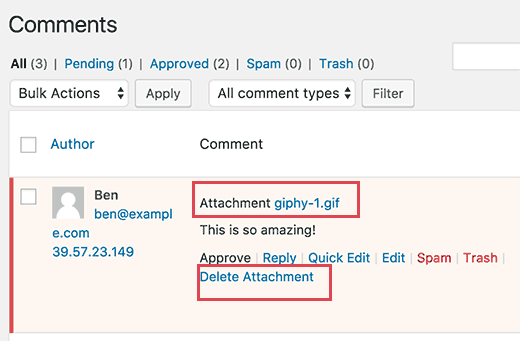 Revise e exclua anexos ao moderar comentários no WordPress 