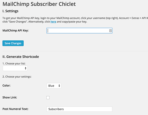 Configurações do Chiclet do assinante do MailChimp 