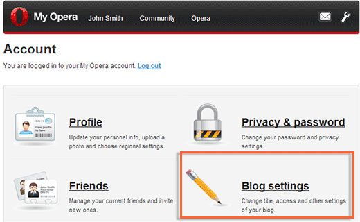 Configurações do meu blog do Opera em Conta 