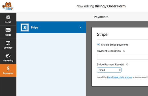 Adicionando configurações de formulário de pagamento 