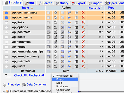 Esvaziando tabelas de comentários do WordPress usando phpMyAdmin 