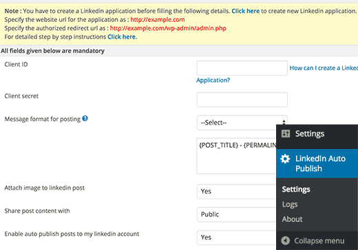 Configurações de publicação automática do LinkedIn 