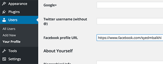 Adicionar URL do perfil do Facebook no WordPress 