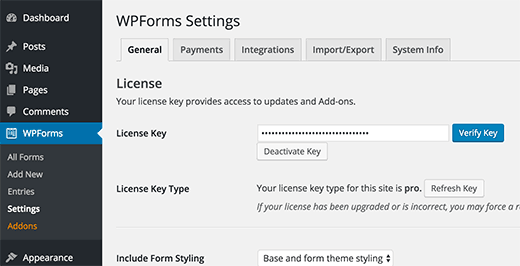 Verifique a licença do WPForms 