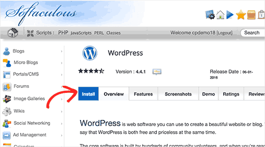 Clique na guia de instalação para continuar a instalar o WordPress usando Softaculous 
