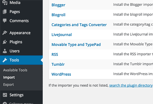 Página de importação do WordPress 